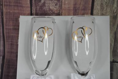 Wedding  Toasting Glass - Double Gold Heart Bride and Groom Image 1